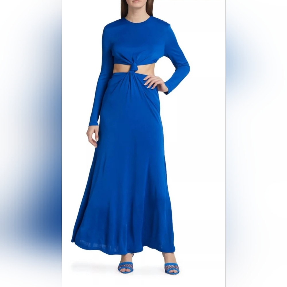 Farm Rio Royal Blue Knotted Cutout Satin Women's Maxi Dress Size SX NWOT